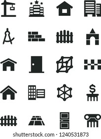 Solid Black Vector Icon Set - box of bricks vector, house, dwelling, brick wall, ntrance door, interroom, buildings, city block, ceramic tiles, fence, hedge, paving slab, home, Construction crane