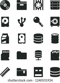 Solid Black Vector Icon Set - folder vector, bookmark, chest of drawers, key, CD, big data, server, strongbox, package, barrel, radiator fan, memory, hdd, usb, sd card