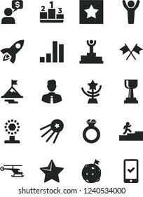 Solid Black Vector Icon Set - employee vector, star, pedestal, bar chart, winner podium, cup, gold, carrer stairway, man hands up, motivation, flag on moon, diamond ring, cross flags, rocket