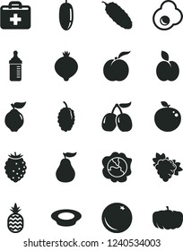 Solid Black Vector Icon Set - first aid kit vector, measuring bottle for feeding, a plate of milk, cucumber, fried egg, pineapple, apple, orange, ripe peach, branch grape, squash, quince, medlar