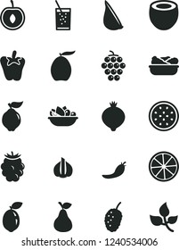 Solid Black Vector Icon Set - lettuce in a plate vector, of fruit, peper, garlic, glass soda, pear, large grape, quince, medlar, blackberry, tasty mulberry, loquat, half cherry, passion, sour lime