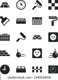Solid Black Vector Icon Set - paint roller vector, brick wall, big core, new, power socket type b, tile, ceramic tiles, building block, putty knife, hedge, paving slab, pavement, clock, calendar