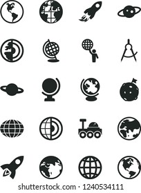 Solid Black Vector Icon Set - globe vector, earth, planet, scribed compasses, space rocket, core, saturn, lunar rover, man hold world, flag on moon