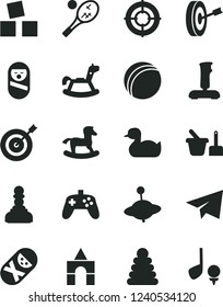 Solid Black Vector Icon Set - paper airplane vector, rubber duck, bath ball, stacking rings, roly poly doll, tumbler, toy sand set, yule, rocking horse, small, cubes for children, box of bricks, aim