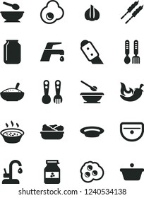Solid Black Vector Icon Set - deep plate with a spoon vector, plates and spoons, plastic fork, iron, sink, knife, faucet mixer, kitchen, bowl of rice porridge, in saucepan, lettuce, barbecue, chili