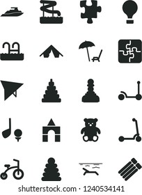 Solid Black Vector Icon Set - stacking rings vector, toy, small teddy bear, box of bricks, child bicycle, Kick scooter, Puzzle, Puzzles, pawn, air balloon, hang glider, tent, beach, pool, aquapark