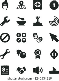 Solid Black Vector Icon Set - repair key vector, prohibition, deep plate with a spoon, child shoes, winter hat, map, volume, strongbox, math actions, blueberries, half of medlar, handclasp, cursor