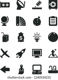 Solid Black Vector Icon Set - monitor window vector, left direction, packing of juice with a straw, color samples, plastic brush, drawing, temperature, globe, strongbox, grapefruit, satellite dish