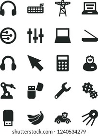 Solid Black Vector Icon Set - laptop vector, bananas, power pole, gears, autopilot, robot welder, repair key, calculator, notebook pc, keyboard, scanner, usb flash, headphones, network, cursor