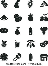 Solid Black Vector Icon Set - feeding bottle vector, beanbag, piece of pizza, mushroom, meat, coffee beans, a glass soda, pear, grape, tasty cornels, half mango, goji berry, date fruit, passion