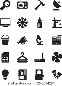 Solid Black Vector Icon Set - matte light bulb vector, horn, feeding bottle, bucket, hammer with claw, screen, hanger, fan screw, tower crane, satellite antenna, SIM, magnifying glass, cash machine