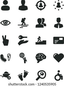 Solid Black Vector Icon Set - women vector, footprints, garden trolley, employee, heart, eye, pass card, woman, man, in sight, brain, bactery, artifical insimination, carrer stairway, hold world