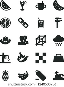 Solid Black Vector Icon Set - spectacles vector, women, hat, remove label, mug for feeding, cloud, tile, a glass of soda, orange slice, tangerine, juicy lemon, bananas, pineapple, hot pepper