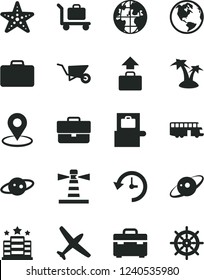 Solid Black Vector Icon Set - briefcase vector, building trolley, suitcase, lighthouse, geolocation, planet, history, saturn, earth, plane, bus, baggage scanner, palm tree, starfish, hotel