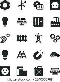 Solid Black Vector Icon Set - matte light bulb vector, ladder, power socket type f, new radiator, regulator, solar panel, big, modern gas station, wind energy, line, industrial building, canister