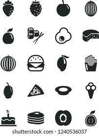 Solid Black Vector Icon Set - cake vector, cheese, piece of pizza, big burger, a plate milk, fried potato slices, sushi set, cone, egg, pancakes, half apricot, raspberry, tasty, mulberry, melon