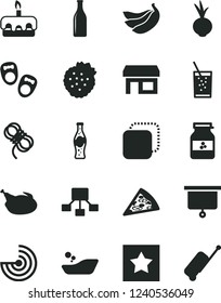 Solid Black Vector Icon Set - children's bathroom vector, shoes for little children, hawser, copy, piece of pizza, torte, chicken, beet, a glass soda, bottle, jar jam, strawberries, bananas, stall