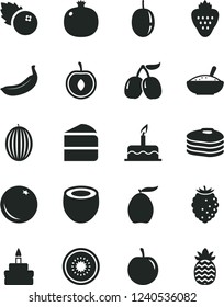 Solid Black Vector Icon Set - cake vector, piece of, birthday, a bowl rice porridge, blueberries, strawberry, pancakes, orange, pomegranate, tasty raspberry, cornels, melon, loquat, plum, banana