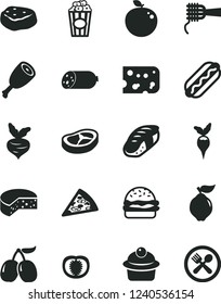 Solid Black Vector Icon Set - sausage vector, piece of cheese, pizza, Hot Dog, burger, noodles, muffin, chicken thigh, bacon, meat, sushi, cup popcorn, quince, tasty cornels, delicious apple, beet