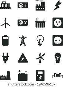 Solid Black Vector Icon Set - incandescent lamp vector, lightning, dangers, bulb, charge level, windmill, wind energy, accumulator, battery, hydroelectric station, power line, electric plug, socket