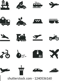 Solid Black Vector Icon Set - child bicycle vector, core, delivery, cardboard box, sea port, eco car, environmentally friendly transport, private plane, limousine, train, bus, taxi, motorcycle