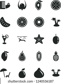 Solid Black Vector Icon Set - a pineapple vector, fig, mango, half of, slice tangerine, passion fruit, sweet date, kiwi, orange, guava, part, physalis, hotel, beach, arnchair under umbrella, hammok