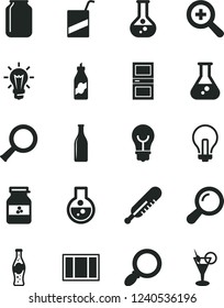 Solid Black Vector Icon Set - incandescent lamp vector, zoom, mercury thermometer, e, window frame, interroom door, bulb, bottle of soda, jar jam, liquor, flask, Glass, magnifier, cocktail