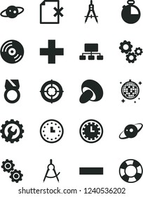Solid Black Vector Icon Set - clock face vector, plus, minus, gear, timer, CD, delete page, porcini, scribed compasses, Measuring, gears, scheme, wall watch, saturn, gold ring, aim, disco ball