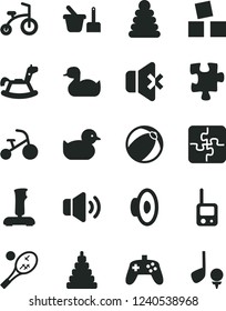 Solid Black Vector Icon Set - loudspeaker vector, rubber duck, baby duckling, bath ball, stacking rings, toy, phone, sand set, rocking horse, cubes for children, child bicycle, tricycle, Puzzle