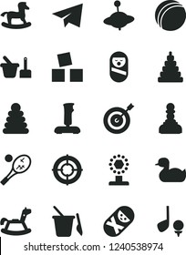Solid Black Vector Icon Set - paper airplane vector, rubber duck, bath ball, stacking rings, toy, roly poly doll, tumbler, sand set, children's, yule, rocking horse, small, cubes for children, cup