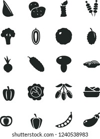 Solid Black Vector Icon Set - fried vegetables on sticks vector, slices of onion, mushroom, lettuce in a plate, cabbage, cucumber, beet, garlic, squash, mulberry, goji berry, sweet date fruit, ripe