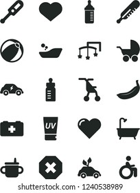 Solid Black Vector Icon Set - heart symbol vector, mark of injury, toys over the cot, mug for feeding, bottle, measuring, baby stroller, sitting, electronic thermometer e, mercury, bath ball, banana