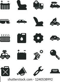 Solid Black Vector Icon Set - truck lorry vector, horn, Baby chair, car child seat, motor vehicle present, key, delivery, big solar panel, accumulator, battery, canister, of oil, eco, steel repair