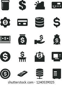 Solid Black Vector Icon Set - dollar vector, big data server, jam, reverse side of a bank card, front the, column coins, denomination, get wage, money, cash, cashbox, gold bar, coin, bag, gear, mail