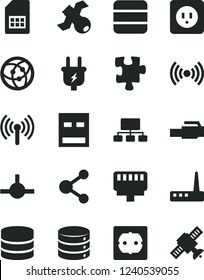 Solid Black Vector Icon Set - Puzzle vector, power socket type b, f, big data, plug, SIM card, connection, scheme, usb, router, network, connect, lan connector, wireless, satellite