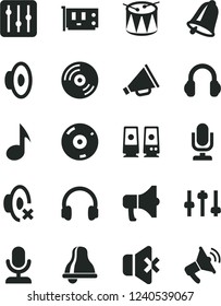 Solid Black Vector Icon Set - bell vector, desktop microphone, horn, loudspeaker, silent mode, drum, CD, regulator, no sound, megaphone, pc card, headphones, speaker, note, settings