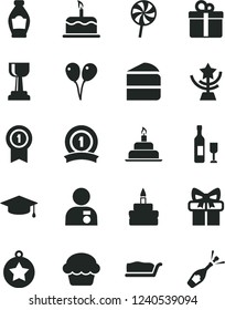 Solid Black Vector Icon Set - colored air balloons vector, birthday cake, gift, piece of, slice, lollipop, bottle, gold cup, star, man with medal, graduate, pennant, ribbon, wine, champagne