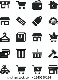 Solid Black Vector Icon Set - grocery basket vector, hammer of a judge, motor vehicle present, cart, put in, crossed, bag with handles, cards, kiosk, hanger, label, stall, shopping, wallet, mortgage