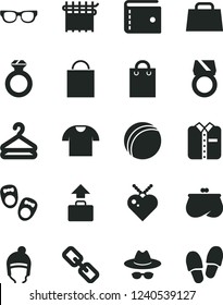 Solid Black Vector Icon Set - paper bag vector, purse, spectacles, hat with glasses, bath ball, shoes for little children, winter, T shirt, folded, hanger, cloth industry, hand, diamond ring, gold