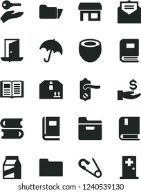Solid Black Vector Icon Set - open pin vector, e, books, door knob, received letter, book, umbrella, folder, cardboard box, package, half of coconut, stall, get a wage, arm with key, exit