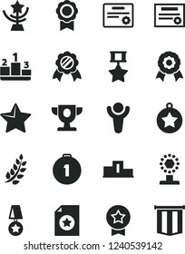 Solid Black Vector Icon Set - star vector, pedestal, medal, patente, winner, laurel branch, prize, cup, first place, hero, certificate, pennant flag