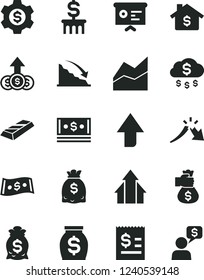 Solid Black Vector Icon Set - upward direction vector, line chart, recession, a crisis, article on the dollar, money, dollars, cash, financial report, growth arrows, gold bar, bag hand, rain, column