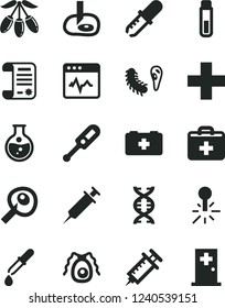 Solid Black Vector Icon Set - first aid kit vector, plus, electronic thermometer e, bag of a paramedic, cardiogram, goji berry, round flask, mercury, research article, test tube, dna, bactery