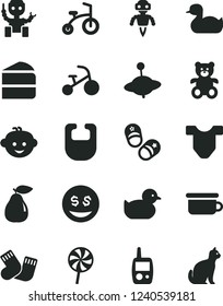 Solid Black Vector Icon Set - bib vector, Child T shirt, rubber duck, baby duckling, warm socks, toy mobile phone, children's potty, teddy bear, hairdo, yule, bicycle, tricycle, shoes, piece of cake