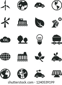 Solid Black Vector Icon Set - sign of the planet vector, big solar panel, leaves, leaf, windmill, wind energy, Earth, bulb, hydroelectric station, hydroelectricity, trees, electric car, CO2, globe