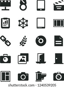 Solid Black Vector Icon Set - camera vector, scribbled paper, spectacles, roll, movie cracker, window, frame, ntrance door, picture, billboard with illumination, statistical report, tablet pc, exit