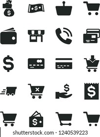 Solid Black Vector Icon Set - bank card vector, cart, put in, crossed, cards, kiosk, shopping, basket, front of the, denomination dollar, financial item, get a wage, wallet, phone call, urgent cargo