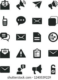 Solid Black Vector Icon Set - warning vector, envelope, scribbled paper, received letter, speech, survey, megaphone, copy, loudspeaker, mobile phone, network, mail, dialog, plane, money