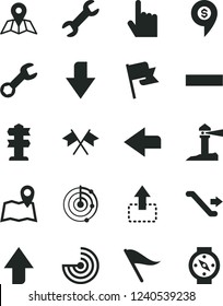 Solid Black Vector Icon Set - upward direction vector, downward, left, wind indicator, minus, index finger, map, flag, move up, coastal lighthouse, repair, radar, cross flags, dollar pin, escalator