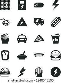 Solid Black Vector Icon Set - lightning vector, dangers, car, sausage, piece of pizza, Hot Dog, mini, big burger, a bowl buckwheat porridge, French fries, fried potato slices, Chinese chopsticks